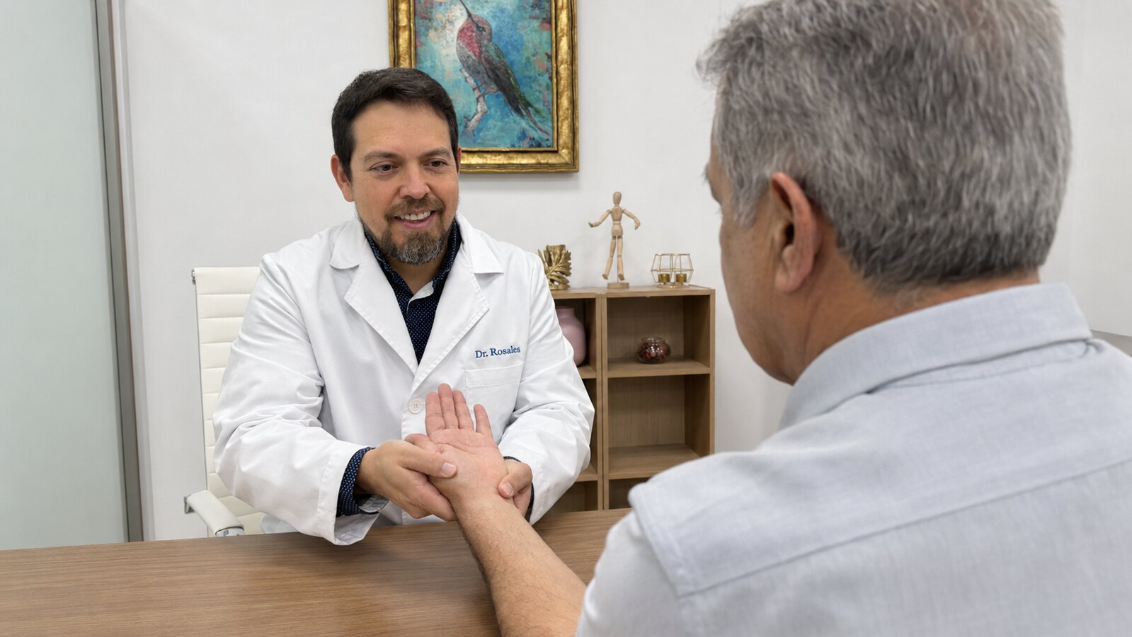El Dr. José Luis Rosales explorando la mano de un paciente en consulta de Reumatología
