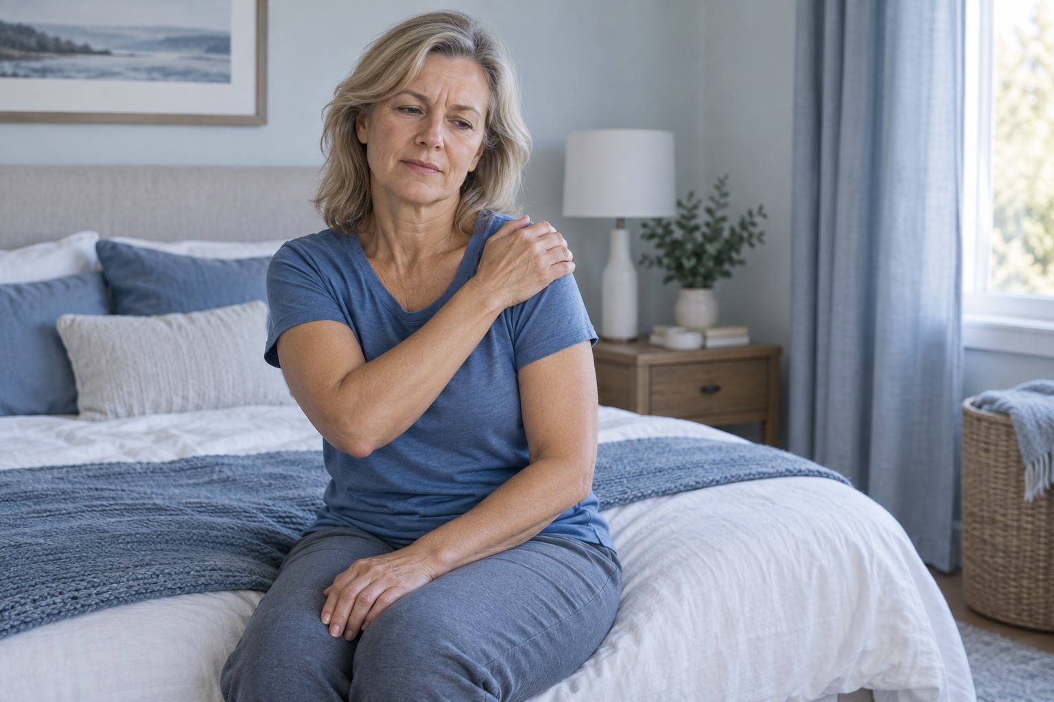 Persona con dolor de hombro al dormir y al levantar el brazo